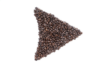 Coffee beans in the form of an arrow, on a white background.