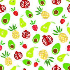 Avocado, pineapple, strawberry, pear, pomegranate seamless pattern for print, fabric and organic, vegan, raw products packaging. Texture for eco and healthy food. Seamless vector pattern with fruits