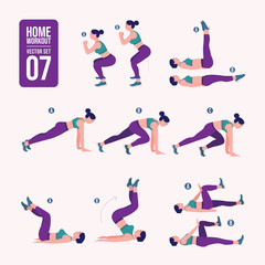 home workout set. Set of sport exercises. Exercises with free weight.Illustration of an active lifestyle. Woman doing fitness and yoga exercises