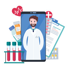 Online doctor healthcare consultation via smartphone. Concept of online medical support. Vector flat medical illustration with pills, drugs, blood tests, patient card. Online pharmacy order