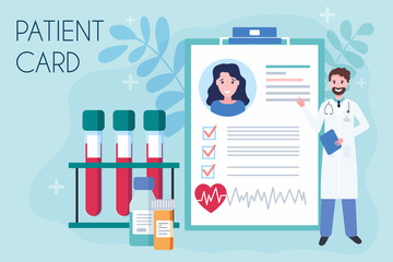 Tiny doctor show medical patient card. Concept of online prescription medication. Health record paper or medical research report. Flat vector illustration of healthcare service