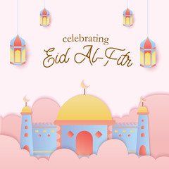 Islamic greeting card for eid al-fitr celebration with paper cut style. vector illustration of mosque and fanoos lantern in pastel color.