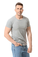Fototapeta premium Man in stylish t-shirt on white background