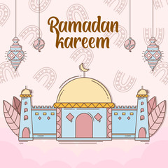 Fototapeta premium Ramadan kareem background with doodle hand drawn style. vector illustration of mosque and fanoos lantern in pastel color for islamic holiday
