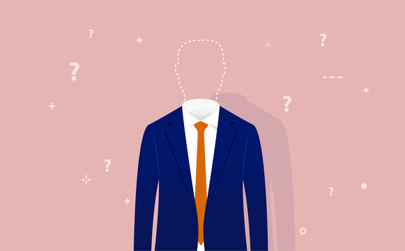Identity crisis - anonymous man with no personality whose head is replaced with dotted line. Question marks flying around. Loosing yourself or oneself concept. Vector illustration.