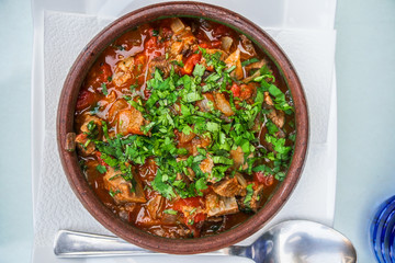 Georgian beef stew in a ceramic plate in Tbilisi in Georgia 
