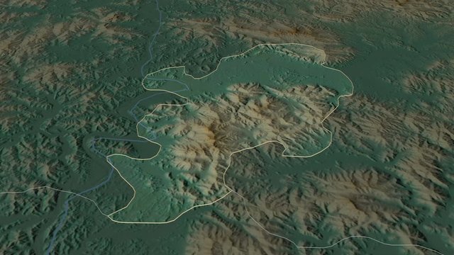 Daegu, metropolitan city with its capital, zoomed and extruded on the relief map of South Korea in the conformal Stereographic projection. Animation 3D