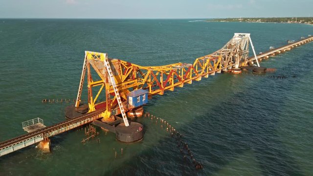 Rameshwaram, India. View of Pamban bridge in Rameshwaram. First indian bridge, which connects Pamban island and mainland India.