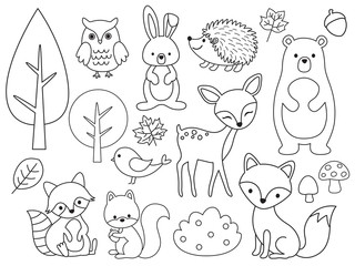 Outline vector illustration of farm animals including cow, horse, pig, chicken, duck, sheep, lamb, llama. Barn animals line art for coloring.