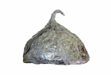 Tin foil hat isolated on white background. Conspiracy theory.
