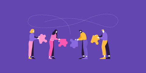 Concept illustration of men and women holding puzzle pieces and want to merge together.