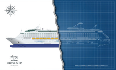 Isolated blueprint of cruise ship. Side view. Realistic 3d liner. Detailed drawing of modern marine vessel. Sea travel transpotation