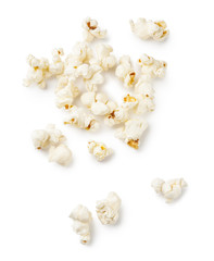 Heap of salted popcorn, isolated on white background. Top view.