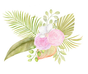 Watercolor exotic floral arrangement. Roses, orchids and palm leaves. 
Botanical composition for wedding, invitations, cards, prints. Bohemian style design with tropical leaves. Summer tropics