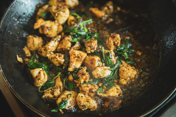 Thai basil checken in frying pan