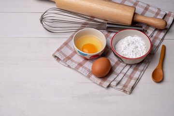 Freshly baked bread on wooden table , Flat-lay Design cover or background concept .