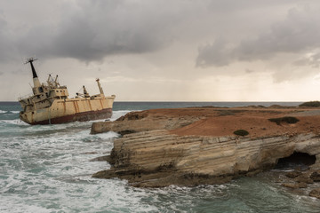 Abandoned shipwreck Edro at sunset in Peja near Paphos, Cyprus