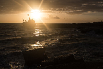 Abandoned shipwreck Edro at sunset in Peja near Paphos, Cyprus