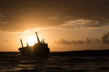 Abandoned shipwreck Edro at sunset in Peja near Paphos, Cyprus