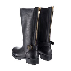 women's leather black boots with buckles isolated on white background