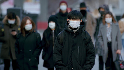 Corona Virus Flu Asia. Wearing Respiratory protection Face Masks Korea. Korean City Street Crowd...