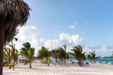 
White fluffy clouds over the turquoise Caribbean Sea and bending palm trees due to strong wind....