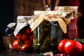 Canned food concept. Fermented, pickled, marinated preserved vegetarian food. Organic vegetables...