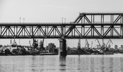 Danube Bridge, black and white photo. Steel truss bridge
