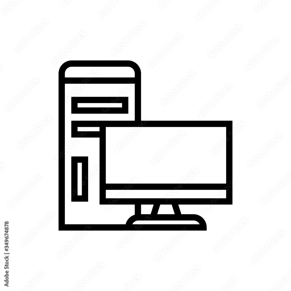 Poster computer monitor with system unit icon, line pc system case symbol in outline style on white backgro