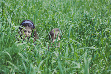 children among the green spring grass