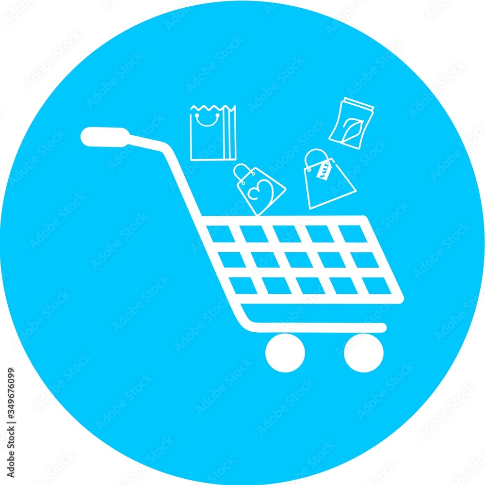 Poster shopping cart, trolley vector in blue circle icon. contains such icon as mobile shop, web site, and 