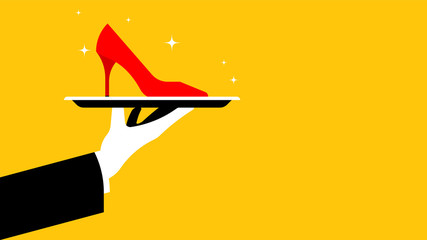 Buying shoes. Cinderella's syndrome. Red high-heeled shoe on a tray. The concept of a gift, surprise, advantageous offer. Illustration for shoe repair or shoe salon.