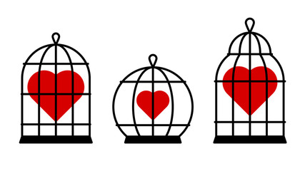 Set of red hearts in cages. Vector isolated on white.