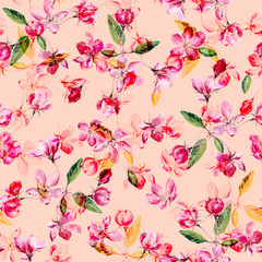Apple blossom watercolor seamless pattern. Beautiful hand drawn texture.