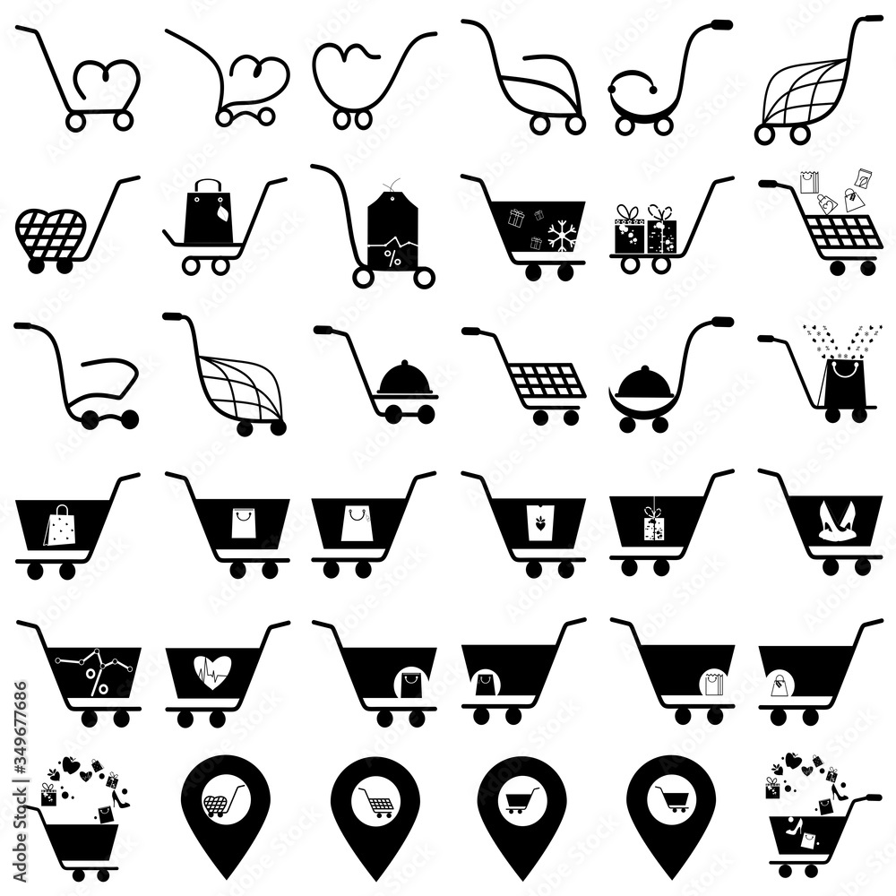 Poster simple set of shopping cart, trolley vector icons. contains such icons as mobile shop, web site, and