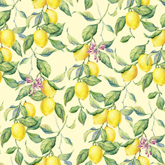 Fresh Lemons watercolor seamless pattern on the yellow background. Beautiful hand drawn texture