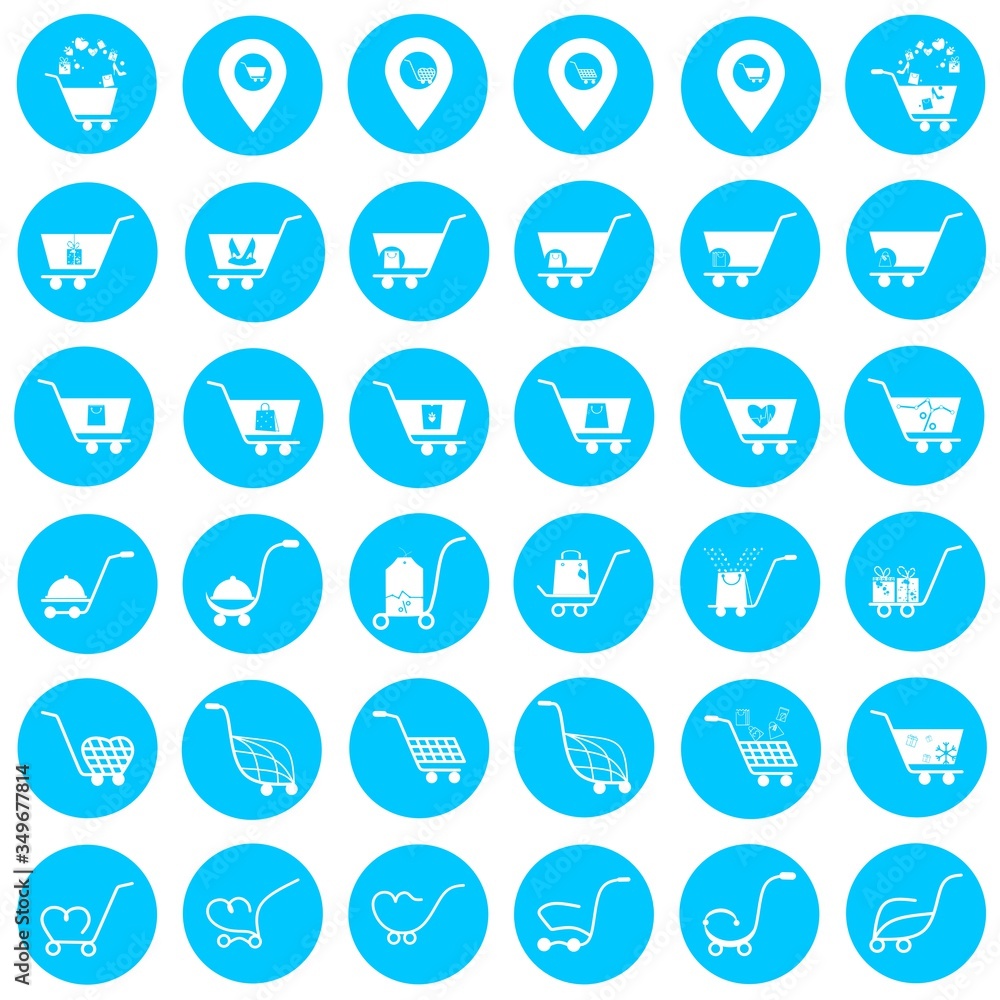 Poster simple set of shopping cart, trolley vector in blue circle icons. contains such icons as mobile shop