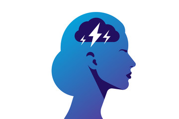 Silhouette of woman's head. A cloud with lightning in the head of a woman. Side view. Vector illustration.