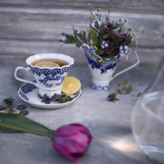 still life with flowers and Gzhel