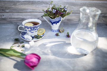 still life with flowers and Gzhel