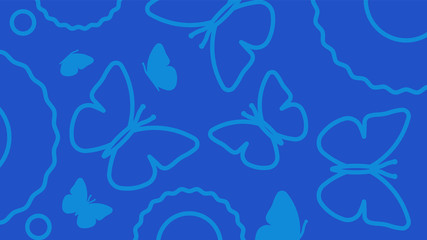 Abstract background of flowers and butterflies. Blue background with a silhouette of flying butterflies and abstract circles.