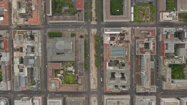 AERIAL: Overhead Birds View of Empty European City Street in Berlin Central during Coronavirus COVID-19 Pandemic with Construction Sites on May 16th 2020