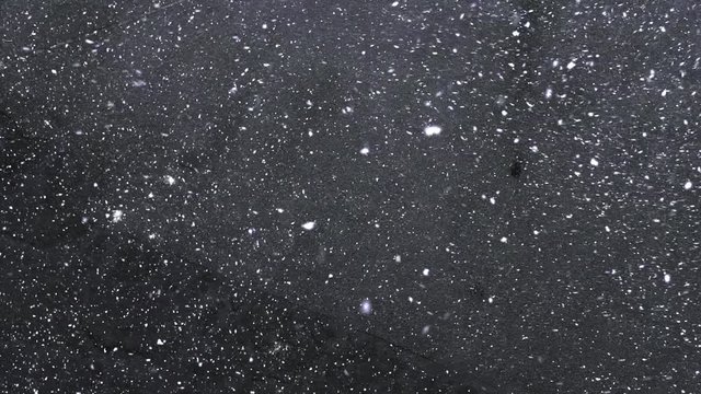 Snowflakes fall on gray asphalt, above view. First snowfall. Snow falls on the pavement. Slow motion. Winter weather. Abstract natural background, white particles in motion. Blizzard closeup.