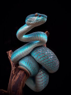 Close-up Of Blue Snake On Branch Against Black Background