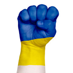 man hand fist painted country flag of ukraine