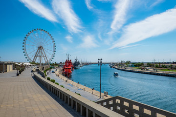 Panoramic view of the port of Valencia with the Ferris wheel in the background