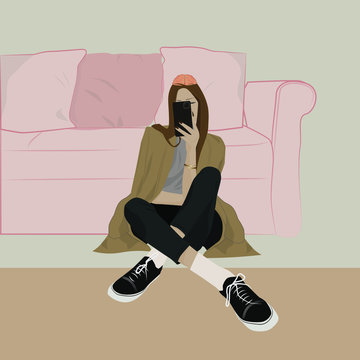 selfie fashion girl without brain sitting in a room vector illustration portrait
