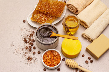 Spa concept. Self care with honey, coffee and turmeric. Natural organic cosmetics, homemade product, alternative lifestyle
