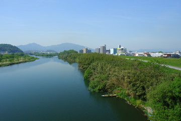 Naklejka premium River landscape in early summer with beautiful greenery