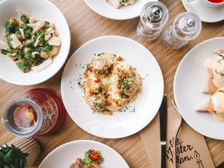 Dishes with food on the table